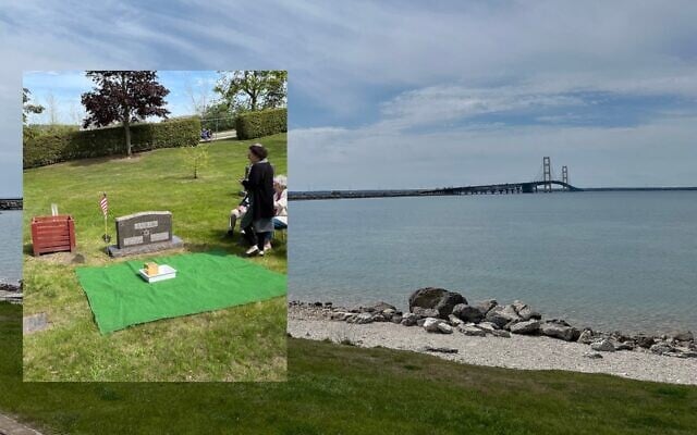 The Mackinac Bridge, as seen from the north in St. Ignace, Michigan. (Insert) Lawrence Rubin's funeral in Petoskey, Michigan, held May 28, 2025, 15 years after his death. (Andrew Lapin/JTA)