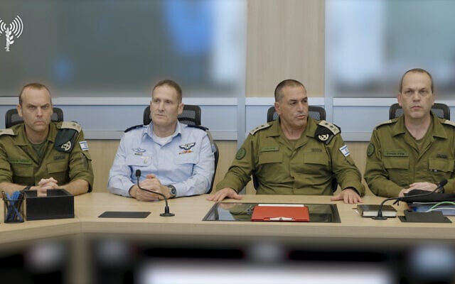 L-R: Intelligence Directorate chief Maj. Gen. Shlomi Binder, IAF chief Maj. Gen. Tomer Bar, IDF Chief of Staff Lt. Gen. Eyal Zamir, and Operations Directorate chief Maj. Gen. Oded Basiuk, during an assessment on June 13, 2025. (Israel Defense Forces) L-R: Intelligence Directorate chief Maj. Gen. Shlomi Binder, IAF chief Maj. Gen. Tomer Bar, IDF Chief of Staff Lt. Gen. Eyal Zamir, and Operations Directorate chief Maj. Gen. Oded Basiuk, during an assessment on June 13, 2025. (Israel Defense Forces)