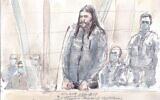 This court sketch made on November 4, 2021, shows Osama Krayem on trial for the November 13, 2015, Paris attacks, during the trial taking place in a temporary courtroom set up at the Palais de Justice of Paris. (Benoit PEYRUCQ / AFP)