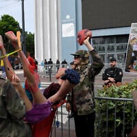 Illustrative: Anti-Israel demonstrators protest outside the Carrefour group's general meeting of shareholders in Aubervilliers, northern Paris, on May 24, 2024. (Mehdi FEDOUACH / AFP)