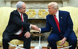 US President Donald Trump (right) shakes hands with Prime Minister Benjamin Netanyahu during a meeting in the Oval Office of the White House in Washington, DC, on April 7, 2025. (SAUL LOEB / AFP)