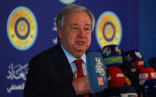 UN Secretary General Antonio Guterres holds a press conference on the sidelines of the 34th Arab League summit in Baghdad, Iraq, on May 17, 2025. (AMEER AL-MOHAMMEDAWI / POOL / AFP) UN Secretary General Antonio Guterres holds a press conference on the sidelines of the 34th Arab League summit in Baghdad, Iraq, on May 17, 2025. (AMEER AL-MOHAMMEDAWI / POOL / AFP)