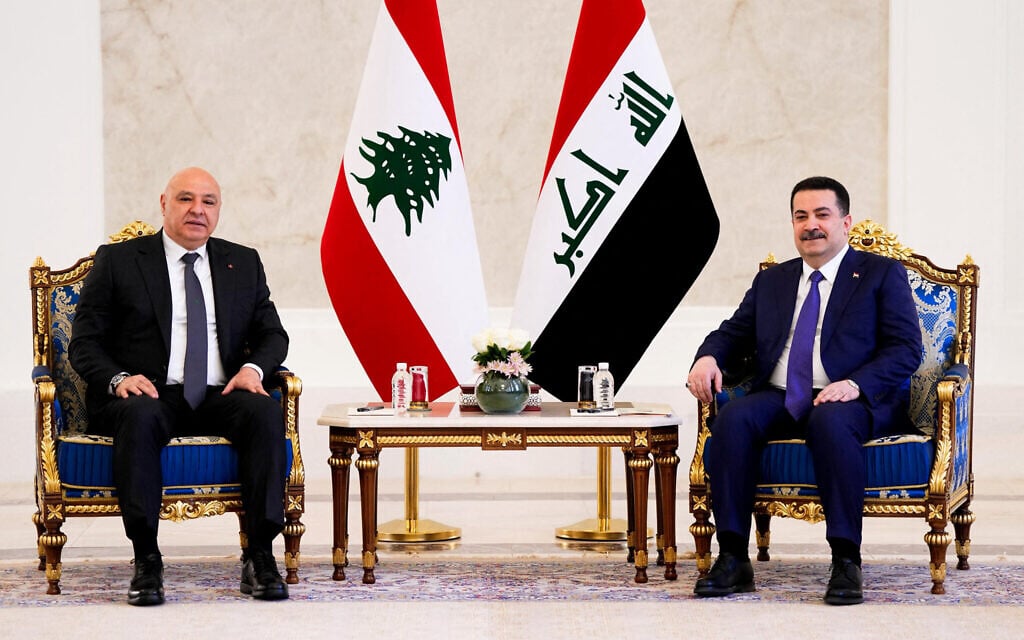 Iraqi Prime Minister Mohammed Shia al-Sudani (R) and Lebanese President Joseph Aoun meet in the Green Zone in Baghdad, Iraq, June 1, 2025. (IRAQI PRIME MINISTER'S PRESS OFFICE / AFP)