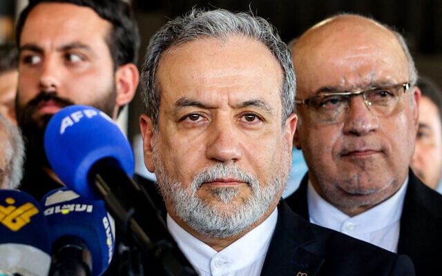 Iran's Foreign Minister Abbas Araghchi (C) gives a statement during his visit to the mausoleum of slain Lebanese Hezbollah's Leader Hassan Nasrallah, in Beirut's southern suburbs, Lebanon, on June 3, 2025. (Anwar AMRO / AFP)