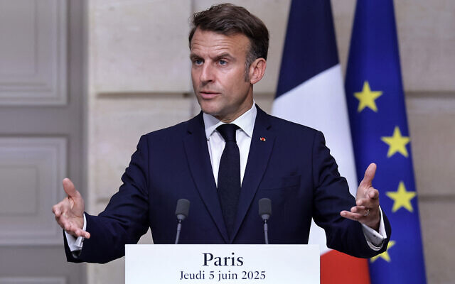 France's President Emmanuel Macron speaks during a joint press conference with Brazil's President following a meeting at The Elysee Presidential Palace in Paris on June 5, 2025. (Photo by Christophe PETIT TESSON / POOL / AFP)