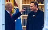 US President Donald Trump (left) and Elon Musk speak in the Oval Office before departing the White House in Washington, DC, on March 14, 2025. (ROBERTO SCHMIDT / AFP)