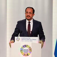 Cyprus' President Nikos Christodoulides addresses the opening session of the third United Nations Ocean Conference (UNOC3), at the Centre des Expositions conference centre in the French riviera city of Nice, on June 9, 2025. (Ludovic MARIN / AFP)