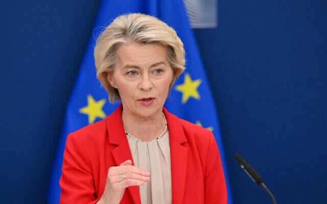 European Commission President Ursula Von der Leyen gives a press conference in Brussels on June 10, 2025. (Nicolas TUCAT / AFP)