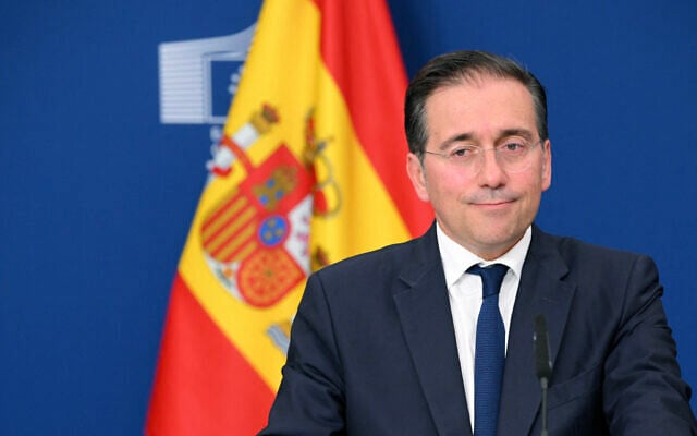 File: Spanish Foreign Minister Jose Manuel Albares looks on during a press conference at the EU headquarters in Brussels on June 11, 2025. (Nicolas TUCAT / AFP)