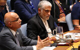 Ambassador Amir Saeid Iravani, Permanent Representative of Iran to the UN, listens as Ambassador Danny Danon, Permanent Representative of Israel to the UN, speaks during a UN Security Council meeting on threats to international peace and security at the United Nations Headquarters on June 13, 2025 in New York City. (Michael M. Santiago/Getty Images/AFP)