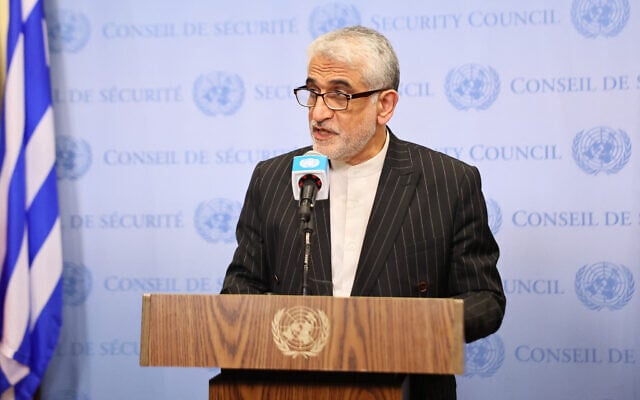 Iranian Ambassador Amir Saeid Iravani, Permanent Representative of Iran to the UN, gives a statement after a UN Security Council meeting on threats to international peace and security at the United Nations Headquarters on June 13, 2025. (Michael M. Santiago/Getty Images/AFP)