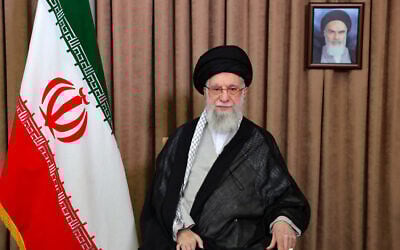Iran's supreme leader Ayatollah Ali Khamenei speaks in the capital Tehran, June 13, 2025. Above him is a portrait of his late predecessor Ruhollah Khomeini. (KHAMENEI.IR / AFP)