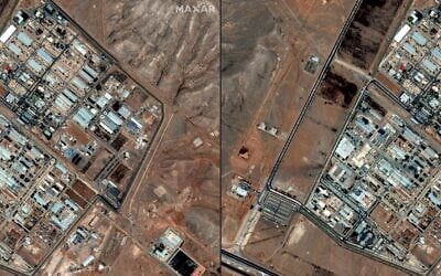 (COMBO) This combination of handout satellite images provided by Maxar Technologies shows (L to R) the Isfahan nuclear enrichment facility in central Iran on June 3, 2025 and on June 14, 2025, after it was hit by Israeli strikes. (Satellite image ©2025 Maxar Technologies / AFP)