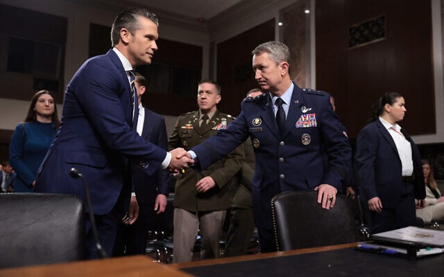 US Secretary of Defense Pete Hegseth greets Chairman of the Joint Chiefs of Staff Gen. Dan Caine as they arrive to testify before the Senate Armed Services Committee in the Dirksen Senate Office Building on June 18, 2025 in Washington, DC. (Kayla Bartkowski/Getty Images/AFP) US Secretary of Defense Pete Hegseth greets Chairman of the Joint Chiefs of Staff Gen. Dan Caine as they arrive to testify before the Senate Armed Services Committee in the Dirksen Senate Office Building on June 18, 2025 in Washington, DC. (Kayla Bartkowski/Getty Images/AFP)
