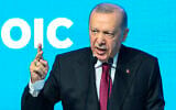 Turkish President Recep Tayyip Erdogan speaks during the 51st session of the Council of Foreign Ministers of the Organization of Islamic Cooperation in Istanbul, June 21, 2025. (Yasin Akgul/AFP)