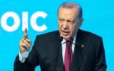 Turkish President Recep Tayyip Erdogan speaks during the 51st session of the Council of Foreign Ministers of the Organization of Islamic Cooperation in Istanbul, June 21, 2025. (Yasin Akgul/AFP)