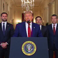 US President Donald Trump addresses the nation, alongside US Vice President JD Vance (L), US Secretary of State Marco Rubio (2nd R) and US Secretary of Defense Pete Hegseth (R), from the White House in Washington, DC on June 21, 2025, following the announcement that the US bombed nuclear sites in Iran. (Carlos Barria/AFP)