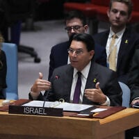 Israeli Ambassador to the UN Danny Danon speaks during a United Nations Security Council emergency meeting in New York on June 22, 2025. (Bryan R. Smith / AFP)