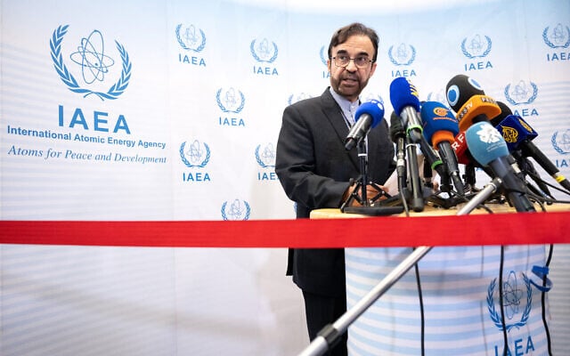 Reza Najafi, Iran's ambassador to the International Atomic Energy Agency (IAEA), speaks to journalists shortly after an IAEA Board of Governors meeting at the agency's headquarters in Vienna, Austria on June 23, 2025. (Joe Klamar/AFP) Reza Najafi, Iran's ambassador to the International Atomic Energy Agency (IAEA), speaks to journalists shortly after an IAEA Board of Governors meeting at the agency's headquarters in Vienna, Austria on June 23, 2025. (Joe Klamar/AFP)
