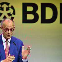 German Chancellor Friedrich Merz delivers a speech at a conference for economic policy organized by the Federation of German Industries (BDI) in Berlin, Germany, on June 23, 2025. (Tobias Schwarz/ AFP)