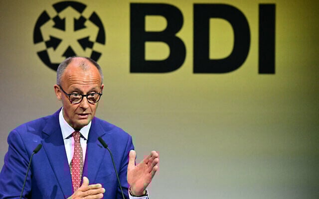 German Chancellor Friedrich Merz delivers a speech at a conference for economic policy organized by the Federation of German Industries (BDI) in Berlin, Germany, on June 23, 2025. (Tobias Schwarz/ AFP)