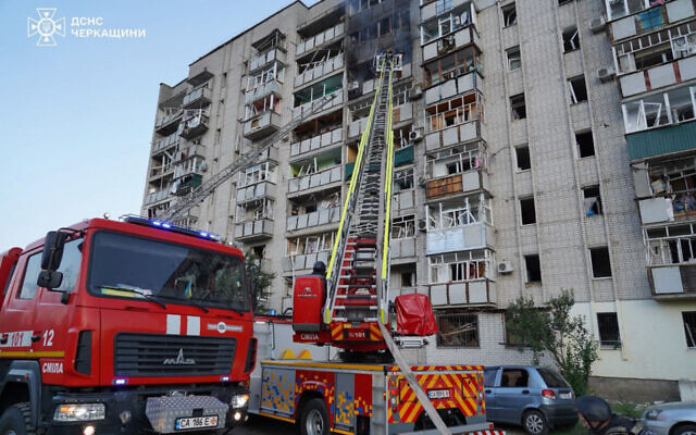 This handout photograph taken and released by the State Emergency Service of Ukraine on June 29, 2025, shows firefighters extinguishing a fire in a residential building following a Russian attack in the city of Smila, Cherkasy region, amid the Russian invasion of Ukraine. (Handout / Ukrainian State Emergency Service / AFP) This handout photograph taken and released by the State Emergency Service of Ukraine on June 29, 2025, shows firefighters extinguishing a fire in a residential building following a Russian attack in the city of Smila, Cherkasy region, amid the Russian invasion of Ukraine. (Handout / Ukrainian State Emergency Service / AFP)