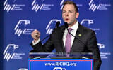 Republican US Rep. Max Miller of Ohio speaks at an annual leadership meeting of the Republican Jewish Coalition in Las Vegas, Nevada, October 28, 2023. (AP Photo/David Becker)