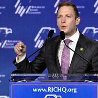 Republican US Rep. Max Miller of Ohio speaks at an annual leadership meeting of the Republican Jewish Coalition in Las Vegas, Nevada, October 28, 2023. (AP Photo/David Becker)