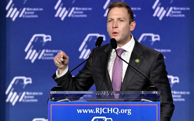 Republican US Rep. Max Miller of Ohio speaks at an annual leadership meeting of the Republican Jewish Coalition in Las Vegas, Nevada, October 28, 2023. (AP Photo/David Becker)