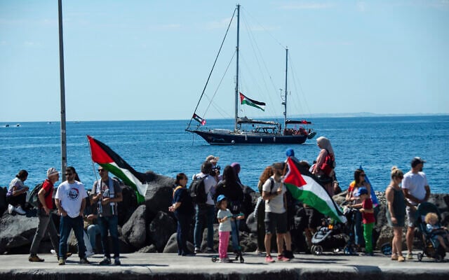 The Freedom Flotilla organization's Madleen boat docked near Catania's harbor, Italy, June 1, 2025, ahead of its departure (AP Photo/Salvatore Cavalli)