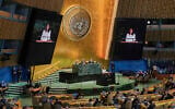 Annalena Baerbock of Germany addresses the United Nations General Assembly after she was elected president of the 80th session of the body, June 2, 2025. (AP Photo/Richard Drew)
