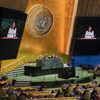 Annalena Baerbock of Germany addresses the United Nations General Assembly after she was elected president of the 80th session of the body, June 2, 2025. (AP Photo/Richard Drew)