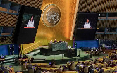Annalena Baerbock of Germany addresses the United Nations General Assembly after she was elected president of the 80th session of the body, June 2, 2025. (AP Photo/Richard Drew)