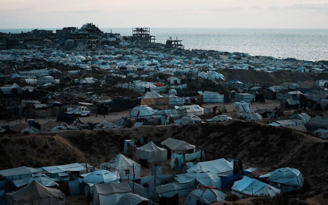 Makeshift tents are seen in a camp for Palestinians displaced by the Israeli air and ground offensive, in Gaza City, June 2, 2025. (AP Photo/Jehad Alshrafi)