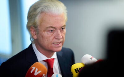 Far-right lawmaker Geert Wilders talks to the media after pulling his party out of the four-party Dutch coalition in The Hague, Netherlands, on June 3, 2025. (AP Photo/Peter Dejong)