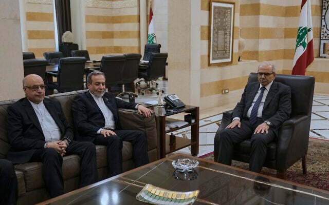 Iranian Foreign Minister Abbas Araghchi (center) and Iranian Ambassador to Lebanon Mojtaba Amani (left) meet with Lebanese Prime Minister Nawaf Salam in Beirut, Lebanon, June 3, 2025. (AP Photo/Bilal Hussein)
