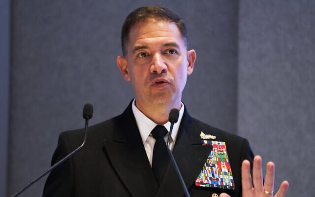 US Navy Vice Adm. Brad Cooper speaks at an event at the International Defense Exhibition and Conference in Abu Dhabi, United Arab Emirates, February 21, 2023. (AP Photo/Jon Gambrell)