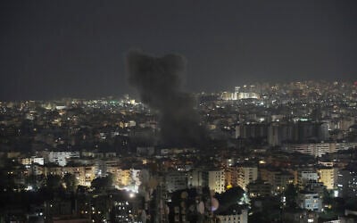Smoke rises following an Israeli airstrike in the southern suburbs of Beirut, Lebanon, June 5, 2025. (AP Photo/Hassan Ammar)