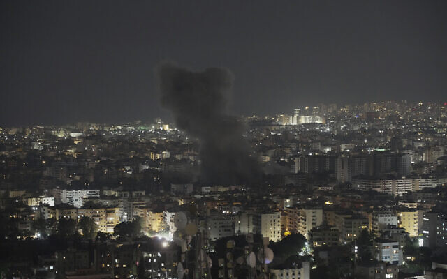 Smoke rises following an Israeli airstrike in the southern suburbs of Beirut, Lebanon, June 5, 2025. (AP Photo/Hassan Ammar)