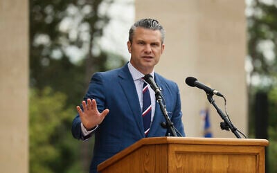US Defense Secretary Pete Hegseth delivers a speech at the US cemetery to commemorate the 81st anniversary of the D-Day landings, June 6, 2025 in Colleville-sur-Mer, Normandy. (AP/Thomas Padilla)