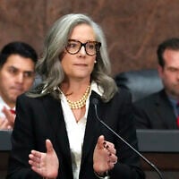 Arizona Democratic Gov. Katie Hobbs, center, in the House of Representatives at the state Capitol, in Phoenix, Arizona, on January 13, 2025. (Ross D. Franklin/AP)