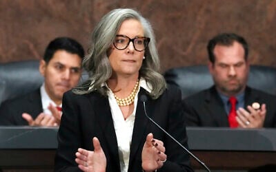 Arizona Democratic Gov. Katie Hobbs, center, in the House of Representatives at the state Capitol, in Phoenix, Arizona, on January 13, 2025. (Ross D. Franklin/AP)