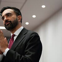 Assemblyman Zohran Mamdani in conversation after the New York City Democratic mayoral primary debate at the John Jay College of Criminal Justice in the Gerald W. Lynch Theater on June 12, 2025, in New York City. (Vincent Alban/The New York Times via AP)