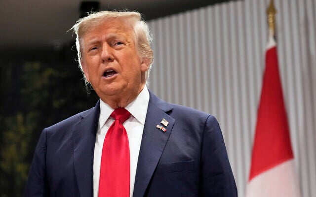 US President Donald Trump speaks during a meeting with Canada's Prime Minister Mark Carney on the sidelines of the G7 Summit, June 16, 2025, in Kananaskis, Canada. (AP/Mark Schiefelbein) US President Donald Trump speaks during a meeting with Canada's Prime Minister Mark Carney on the sidelines of the G7 Summit, June 16, 2025, in Kananaskis, Canada. (AP/Mark Schiefelbein)