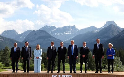 Leaders pose for a photo during the G7 Summit, in Kananaskis, Alberta, Monday, June 16, 2025. (Suzanne Plunkett/Pool Photo via AP)
