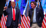 Then the Republican nominee running for a second nonconsecutive term, Donald Trump speaks with Tucker Carlson during a Tucker Carlson Live Tour show at Desert Diamond Arena, October 31, 2024, in Glendale, Arizona. (AP Photo/Julia Demaree Nikhinson)