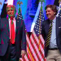 Then the Republican nominee running for a second nonconsecutive term, Donald Trump speaks with Tucker Carlson during a Tucker Carlson Live Tour show at Desert Diamond Arena, October 31, 2024, in Glendale, Arizona. (AP Photo/Julia Demaree Nikhinson)