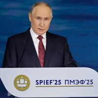 Russian President Vladimir Putin speaks at a plenary session of the St. Petersburg International Econimic Forum in St. Petersburg, Russia, June 20, 2025. (Vyacheslav Viktorov/ Roscongress Foundation via AP)