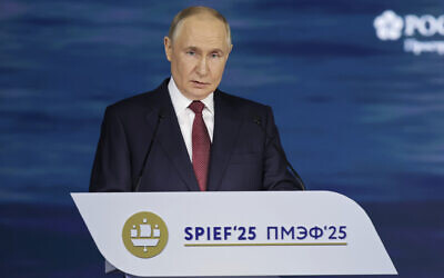 Russian President Vladimir Putin speaks at a plenary session of the St. Petersburg International Econimic Forum in St. Petersburg, Russia, June 20, 2025. (Vyacheslav Viktorov/ Roscongress Foundation via AP)