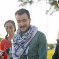 Anti-Israel, pro-Palestinian activist Mahmoud Khalil, center, speaks after his release from federal immigration detention in Jena, Louisiana, June 20, 2025. (AP Photo/Matthew Hinton)